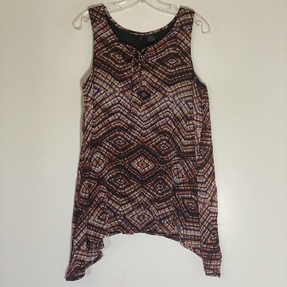 New Directions Top Womens Medium‎ Brown Geometric Sleeveless Chiffon Tunic